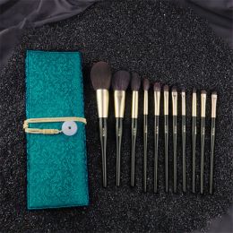 Shadow 11Pcs Makeup Brushes Set Dark Green Goat Squirrel Hair Powder Blush Highlight Brush Eyeshadow Blending Makeup Brush With Bag