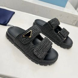 Womens Designer Slide Crochet Wedges Slides Black Woven Platform Sandal Straw Slipper Summer Two Straps Flat Comfort with box