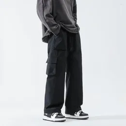 Men's Pants Straight-cut Elastic Drawstring Cargo With Pockets Solid Color Straight Leg Trousers For Streetwear Style Men