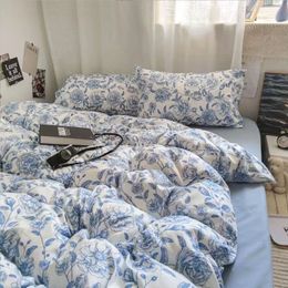 Floral Blue Bedding Set No Filler Ins Style Duvet Cover Pillowcase Flat Sheet Single Twin Queen Size Boys Girls Bed Linens