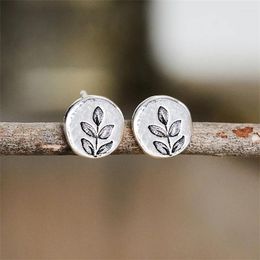 Stud Earrings Simple Silver Colour Ear Studs For Woman Vintage Tree Leaf Classic Design Round Shape Jewellery