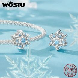 WOSTU 925 Sterling Silver Blue Snowflake Pendant Ice Snow Rainbow Heart Charm Beads Fit DIY Bracelet Necklace Xmas New Year Gift