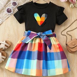 Clothing Sets 2024 Summer Kids Clothes Girls Casual Cute Heart Print Short Sleeve T-shirt Top Plaid Skirt Children's Two-piece