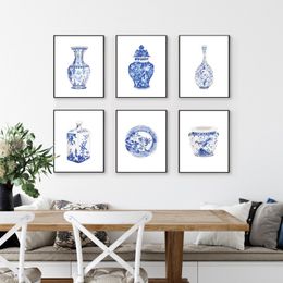 Watercolour Chinoiserie Vases Ming Porcelain Blue and White China Wall Art Poster Print Canvas Painting Eastern Art Home Decor