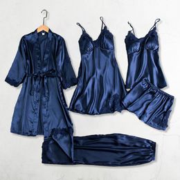 Silk Pyjama Set Elegant Silky Satin Lace Patchwork Women's Pyjamas Set with Lace-up Waist 5 Piece Nightgown Top for Comfortable