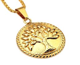 Fashion Mens Women 18k Gold Plate Pendant Necklace Round Charm Tree of Life Pendants Stainless Steel 60cm Long Chain Design Hip Ho1512555