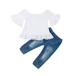 Clothing Sets Fashion Toddler Kids Baby Girls Clothes Set Off Shoulder Tops Shirt Pearl Denim Long Pants Jeans Summer Outfits