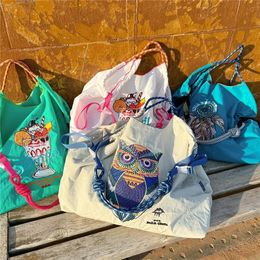 Kawaii Ball Chain Canvas Bag Embroidery Bag Large-Capacity Girl Cute Handbag Shopping Oxford Bag Shoulder Nylon Bag 240403