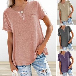 Women's Blouses Soft Women Tee Stylish V-neck T-shirt With Buttons Pocket Solid Color Loose Fit Shirt For Summer Streetwear Casual