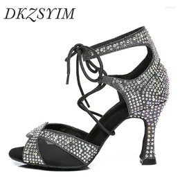 Dance Shoes DKZSYIM Rhinestone Women Latin Salsa Ballroom Cuba High Heel 5-8.5cm High-Quality Lace Up