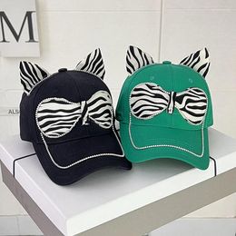 Ball Caps Korean Women Spring Autumn Zebra Pattern Rhinestone Baseball Cap Cute Ears Face Small Sunshade Summer