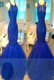 Royal Blue Prom Dresses Jewel Sequins Lace And Tulle Mermaid Evening Gowns Zipper Back Sheer Puffy Cocktail party Gowns Vestidos2977616