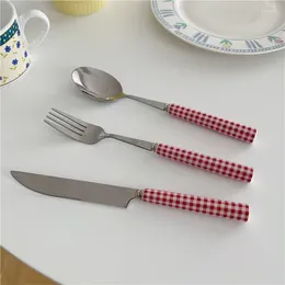 Dinnerware Sets Red Blue Chequered Spoon Stainless Steel Knife And Fork