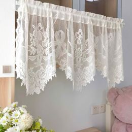 Beige Flower Lace Short Curtain Valance Sheer Tulle Half Curtain Coffee Drapes For kitchen Cabinet Cafe Decor Width 55in