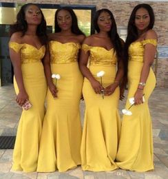 New Yellow African Mermaid Bridesmaid Dresses Sequined Off Shoulder Pleats Backless Sweep Train Zipper Maid Of Honour Dress Custom 4414157