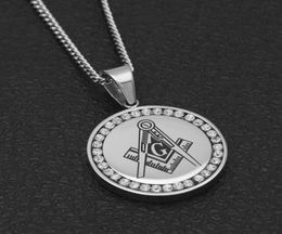 Men Mason Round Pendant Tag Stainless Steel With Clear Rhinestones Masonic CompassSquare Symbol 24quot Cuban Chain Necklac1566387