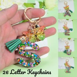 Keychains Colourful Heart Sequins Filled Letter Keychain With Green Tassel Women Purse Charms A-Z 26 Initials Butterfly Pendant Keyrings