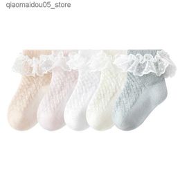 Kids Socks Milancel Summer Childrens Mid length Socks Baby Socks Mesh Hollow Lace Princess Socks Breathable Cotton Socks Girls 0-5Y Q240413