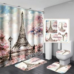 Shower Curtains Phechion Eiffel Tower 3D Print Waterproof Bathroom Curtain Toilet Cover Mat Non-Slip Floor (1/3/4Pcs) W60