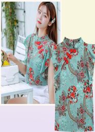 Chinese Cheongsam Style Women Floral Chiffon Shirt Summer Blouse Ruffles Short Sleeve Shirts Tops Blusas A3252 2105191363641