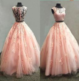 High Quality Coral Two Pieces Prom Dress Beaded Appliqued Lace Tulle Ball Gown Illusion Cap Sleeve Long Evening Party Dresses Robe6089936