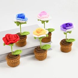 Decorative Flowers 1pcs Fabric Ornaments Hand-Crocheted Rose Flower Bonsai Perfect Home And Office Desktop Decor Unique Ideal Valentine's