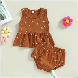 Clothing Sets Baby Girls Summer Outfit Ruffled Hem Floral Sleeveless Tank Tops And Elastic Casual Shorts Set Drop Delivery Kids Matern Othfk