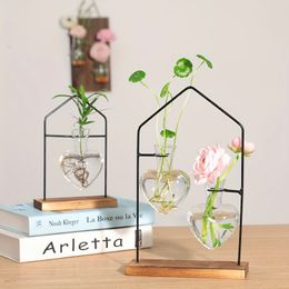 Nordic Style Geometric Exquisite Flower Vase House Shape Metal Frame Glass Hydroponic Container Home Decoration