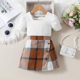 Clothing Sets 2024 Summer Girls Clothes Puff Short Sleeve White T-shirt Tops Irregular Plaid Shorts Children's Casual