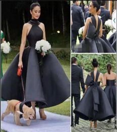 2019 Country Bridesmaid Dresses with Big Bow Sexy Back Little Black Party Gowns Satin Ankle Length Maid of Honour Dress7856783