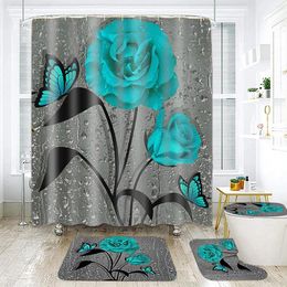 Bath Mats 4 Pcs Flower Print Toilet Lid Cover Bathroom Mat Set Accessories Shower Curtain Sets With Non Slip Rugs