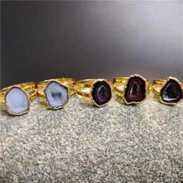 FUWO 5PCS Natural Tabasco Geode Rings With Gold Color Plated Raw Agates Druzy Slice Ring Resizable Size Jewelry Wholesale RG003 240401