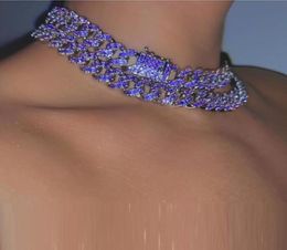 12mm Miami cuban link chain choker micro pave purple blue cz hip hop women necklace 16quot 18quot9130642