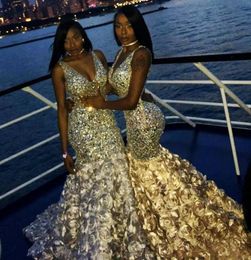Luxury African Prom Dresses V Neck Major Beading Rose Train Mermaid Evening Gowns Sleeveless vestidos de fiesta quinceanera dresse7162040