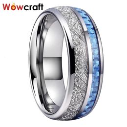 Tungsten Carbide Ring for Men Women Wedding Band Light Blue Carbon Fibre Meteorite Inlay Polished Shiny Comfort Fit 240401