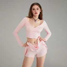 Home Clothing Fairycore Two-Piece Top Skirt Suits Solid Colour Long Sleeve V Neck Crop Tops With Low Rise Skorts Women's Lounge Streetwear