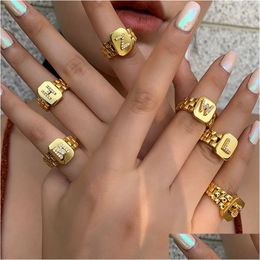 Band Rings Trendy Gold Colour Initial Ring For Women Girl Aaaadd Cubic Zirconia A-Z Watchband Square Letter Open Female Jewellery Gift Dr Dh7Rp