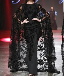 Black Lace Applique Arabic Dubai Prom Occasion Dresses with Cape 2019 Modest Fashion Crew Full length yousef aljasmi Evening Gowns2804773