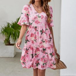 Casual Dresses Floral Print V Neck Ruffle Mini Dress Women Summer Flared Short Sleeve Boho Party Elegant Beach Sundress