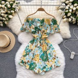 Beach Slash Neck Floral Jumpsuits Shorts Casual Summer Women Overalls Ruffles Playsuits 2024 Sexy Ruffles Playsuit Off Shoulder