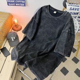 Couple Summer Washed T Shirt Retro Hip Hop Streetwear Men Women Casual T-shirt Short Sleeve Vintage Black Acid Wash Y2k Clothes 240401