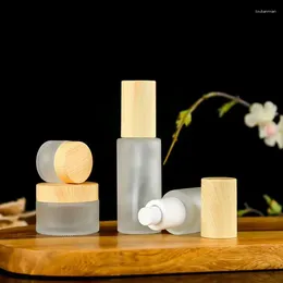 Storage Bottles Wooden Frosted Glass Perfume Bottle Press Spray Refillable Lotion Pump Liquid Empty Dispensing 20/30/50/100ml