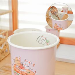 Pink Enamel Soup Pot Cute Rabbit 2.2L High Boiled Pasta Cooking Pot With Lid Stew Pot Home Kitchen Cookware Storage Bucket