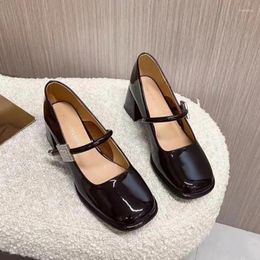 Dress Shoes Casual Med Heel Square Toe Pumps For Women 2024 One-line Buckle Ladies Solid Shallow Rubber Zapatos