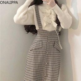 Skirts Onalippa Versatile Strap Plaid Skirt Button Elastic High Waist Hip Split Midi Korean Fashion A Line Women Clothes