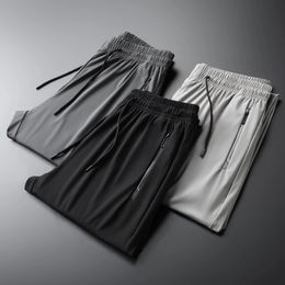 Summer Casual Men Elastic Waist Ultra thin Ice Silk Cool Black Grey Pants Thin Stretch Smooth Lyocell Fabric Trousers Sweatpants 240412