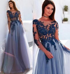 Bateau Neckline Long Sleeves Aline Evening Dresses With Lace Appliques See Through Blue Prom Dress vestidos de formatura3604388