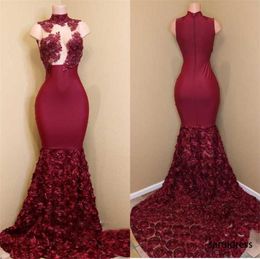 Custom Made African Evening Dress DarkRed 3D Rose Flower Prom Dresses Sexy High Neck Lace Appliques Mermaid Long Prom Dress7921993