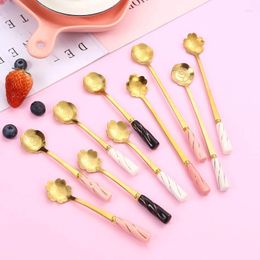 Coffee Scoops Stainless Steel Flower Spoon With Ceramic Handle Mixing Elegant Dessert Rose Cherry Blossom Tableware