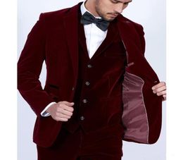 Burgundy Velvet Men wedding Suits 2019 Slim Fit 3 Piece Blazer Tailor Made Wine Red Groom Prom Party Tuxedo Jacket Pants Vest7998512